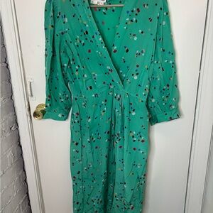 Maggy London Silk Vtg Teal Dress with Multicolor Dots